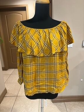 Blu Pepper Mustard Yellow Plaid Off-Shoulder Ruffle Top